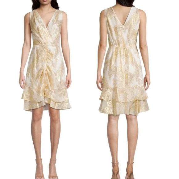 NWT KOBI HALPERIN Gold Metallic Foil Print Vneck Sleeveless Dress XXL - Picture 1 of 7